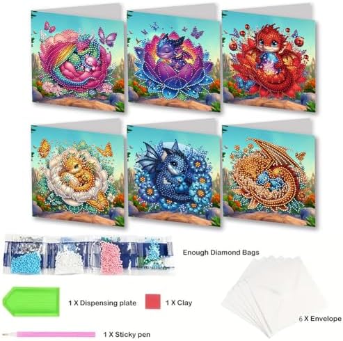 C'eitura 6Pcs Baby Dragon Shell Breaker Diamond Art Greeting Card Kit – DIY Rhinestone Painting Postcard Set for Christmas New Year Party Favors, 11.81 x5.9inch Fantasy Craft for Adults - Image 6