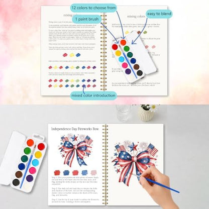 Holiday Bow Watercolor Workbook for Beginner, Watercolor Book with 12 Pretty Holiday Bow Pumpkin Halloween Christmas Patterns, Water Coloring Book Set with Palette and Brush, Christmas Gift for Girls - Image 4