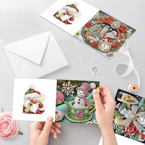 6pcs Christmas Diamond Painting Greeting Card with envelopes, DIY Santa Claus and champagne Diamond Art Greeting Card for Blessing and Wish Special Shaped Arts Crafts for Birthday Thanksgiving Day - Image 7