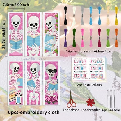 ACRNIGHEET 6PCS Stamped Cross Stitch Bookmark Kit Beginners Halloween Skull - Image 2