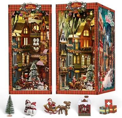 Book Nook, Christmas Cottage 3D Wooden Puzzle with LED Lights, DIY Festive Holiday Bookend Decor, Cozy Winter Scene with Christmas Tree, Wreath, and Snowman by Unknown