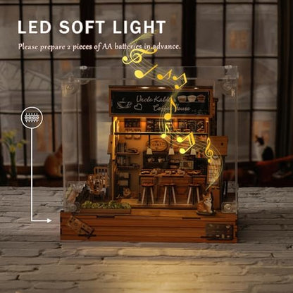 DIY Miniature House Kit (Vintage Coffee Shop) Tiny Dollhouse Kits for Adults to Build, Mini Model Kits with LED Light&Music Box&Dust-Proof Cover, Birthday Gifts for Family Friends - Image 6