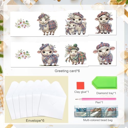 Tontut 6pcs Diamond Art Painting Kit Greeting Card, Hat Goat 5D DIY Diamond Handmade Holiday Glitter Greeting Card with Envelope, Holiday Gift Congratulation - Image 3