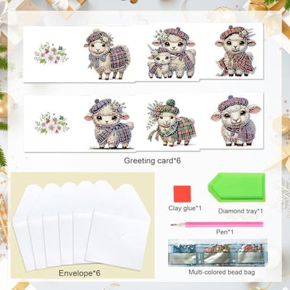 Tontut 6pcs Diamond Art Painting Kit Greeting Card, Hat Goat 5D DIY Diamond Handmade Holiday Glitter Greeting Card with Envelope, Holiday Gift Congratulation - Image 3