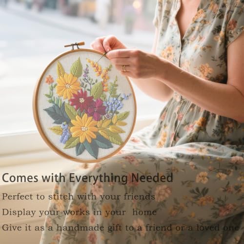 FONNUY Floral Embroidery Kit for Beginners, Colorful Flowers Pre-Stamped Pattern Kits for Adults with Hoop, Thread Needlework, 8'' Hoop (Zinnia) - Image 3
