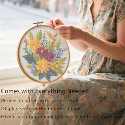 FONNUY Floral Embroidery Kit for Beginners, Colorful Flowers Pre-Stamped Pattern Kits for Adults with Hoop, Thread Needlework, 8'' Hoop (Zinnia) - Image 3