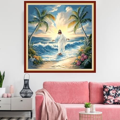 Redxing Stamped Cross Stitch Kits Embroidery kit for Beginners Adults Full Range of Embroidery Patterns Starter Kits DIY Printed Cross Stitch Kits Needlepoint Kits 11CT-Jesus Coconut Tree 18x18 inchs - Image 2