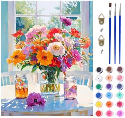 Lxmsja Colorful Flowers Paint by Numbers Kit for Adults, Mason Jars Acrylic Paint by Numbers for Adults Beginner, DIY Craft Supplies Oil Painting Kits for Home Wall Decor 16x20 inch (No Frame) by Lxmsja