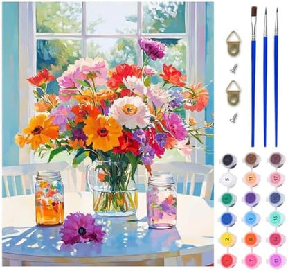Lxmsja Colorful Flowers Paint by Numbers Kit for Adults, Mason Jars Acrylic Paint by Numbers for Adults Beginner, DIY Craft Supplies Oil Painting Kits for Home Wall Decor 16x20 inch (No Frame) by Lxmsja
