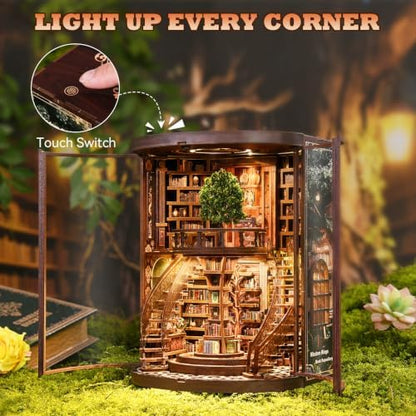 Wisdom Library Book Nook Kit for Adults - 3D Wooden Puzzle with LED Lights, Miniature Dollhouse Bookshelf Decor, Model Building Craft Set, Relaxing DIY Gift for Book Lovers, Teens, and Family - Image 4
