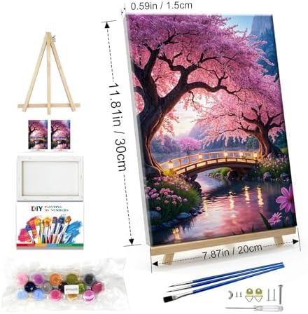 JOOZ Paint by Numbers Kit for Adults with Frame Sakura Paint by Number with Easel Tree Adult Paint by Number Kits Framed Canvas Mountain Waterfall Oil Painting Kits for Gift Home Wall Decor 8x12 Inch - Image 4
