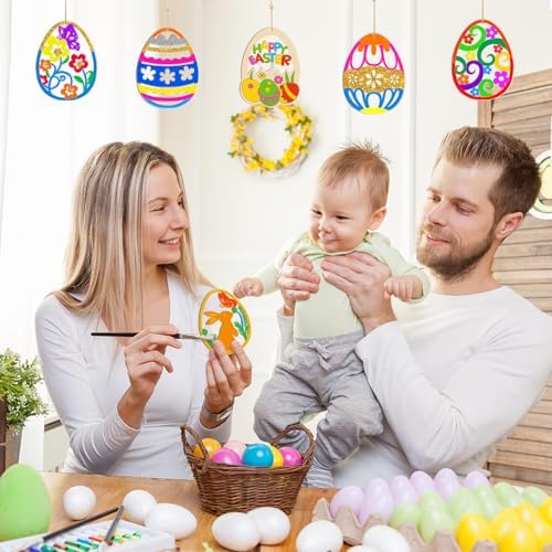 80PCS Wooden Easter Ornaments to Paint, 10 Styles DIY Blank Unfinished Wood Egg Cutouts Ornament for Crafts Hanging Decorations Happy Easter Hallow Egg Rabbit Bunny Butterfly Flower Hen - Image 3