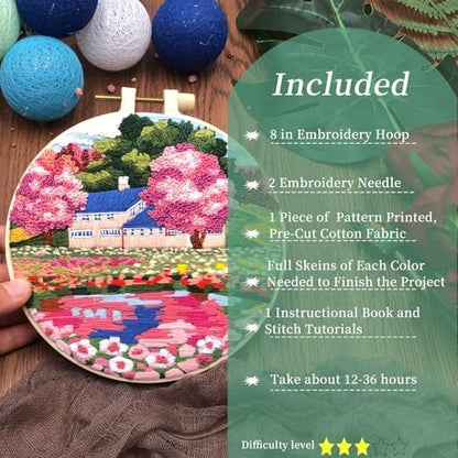 FONNUY Embroidery Kit for Beginners, Boho Nature Landscape Pre-Stamped Pattern Kits for Adults with Hoop, Easy to Follow Color Thread Needlework, 8'' Hoop (Mountain House) - Image 2