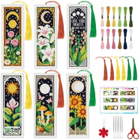 INFUNLY 6PCS Moon Flower Cross Stitch Bookmark Kit 3x8.5 Inch Botanical Stamped Embroidery Bookmark Kits with Moon Rose Lily Mushroom Needlepoint Bookmark Kit with Instruction for Book Lovers Readers by INFUNLY