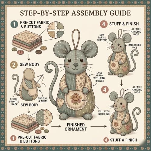 OZSZN Patchwork Mouse DIY Kit – Handmade Sewing Craft Set with Buttons & Fabric, Cute Mouse Ornament for Adults Beginners, Creative Animal Craft Project (W) - Image 3