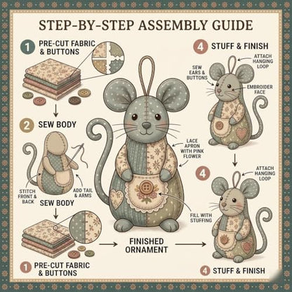 OZSZN Patchwork Mouse DIY Kit – Handmade Sewing Craft Set with Buttons & Fabric, Cute Mouse Ornament for Adults Beginners, Creative Animal Craft Project (W) - Image 3