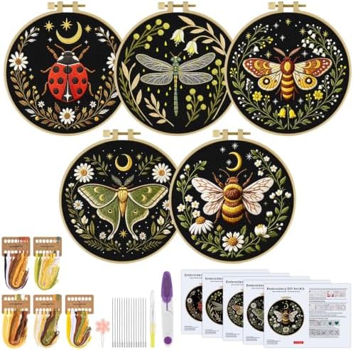 ERKOON Embroidery Kit for Adults, 5 Sets Flower Cross Stitch Set for Beginners Include Embroidery Cloth Hoops Threads for Craft Lover Hand Stitch with Skill Techniques (Starry Night) by ERKOON