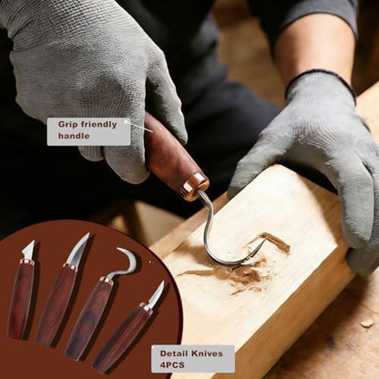 21-Piece Wood Carving Tools Kit - Complete Whittling Set with Detail Knives, Hook Knives, Sharpening Stone, Basswood Blocks & Cut Resistant Gloves for Beginner & Advanced Wood - Image 4
