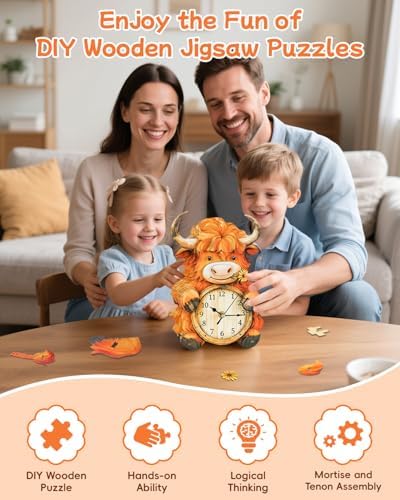 3D Puzzles for Adults-Wooden Highland Cow Clock Puzzle DIY Clock Model Kit - Image 5