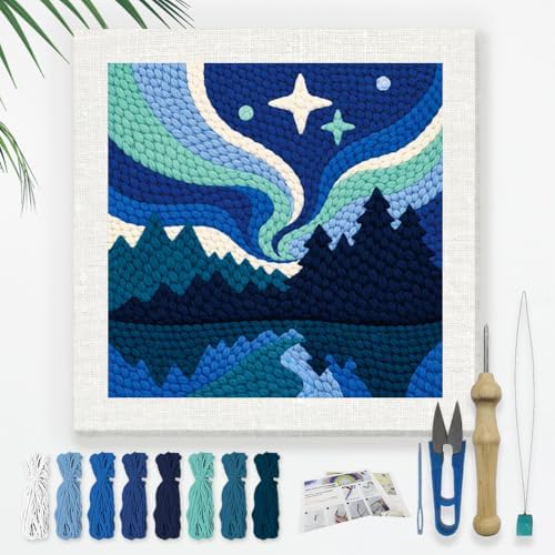 Doodlream Aurora Night Scene Needle Kit for Beginner, 9.4"x 9.4" Northern Lights Punch Stitching Craft Set, DIY Embroidery Starter with Printed Frame, Instruction, Threader, Yarn, Pinch Needle by Doodlream