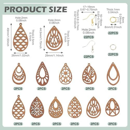 Elecrelive DIY Dangle Earrings Kits 11 Pairs Teardrop Walnut Wood Pendants Natural Wood Earring Blanks with Hooks for DIY Craft Jewelry Making - Image 5