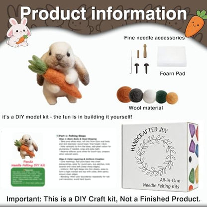 DIY Needle Felting Kit Cute Brown Lop-Eared Bunny Holding Carrot – Needle Felting Starter Kit with Fiber Roving, Needles, Felting Pad & Instructions | Felted Rabbit Kit for Beginners Adults - Image 3