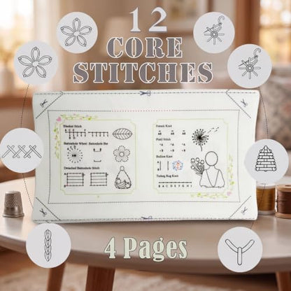 Basic Embroidery Starter Kit - 12 Essential Stitches, Beginner Fabric Practice Manual, Adult Starter Set, Includes Thread, Needle, Loop and Tools, Adult DIY Handmade Gifts, Simple Starter Sewing Kit - Image 5