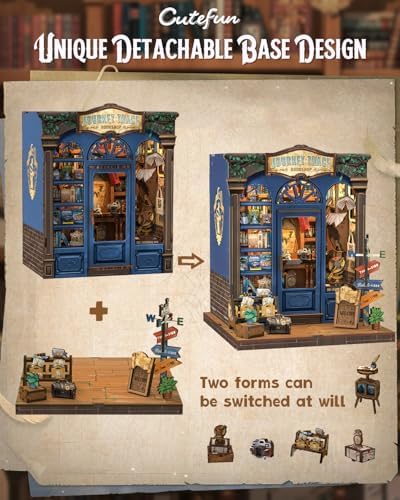 Cutefun Book Nook Kit - DIY Miniature Dollhouse Booknook Kit for Adults and Teens, 3D Wooden Puzzle Bookshelf Insert Decor with LED Light, Gifts for Book Lovers and Beginners (Journey Trace Bookshop) - Image 5