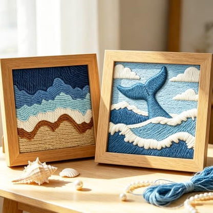 INFUNLY 2 Set Waves Ocean Punch Needle Kit for Beginners Whale Tail Punch Needle Embroidery Kits for Adults 9.4×9.4 Inch DIY Punch-Stitching Kit with Instruction Threader Needles Frame for Wall Decor - Image 4