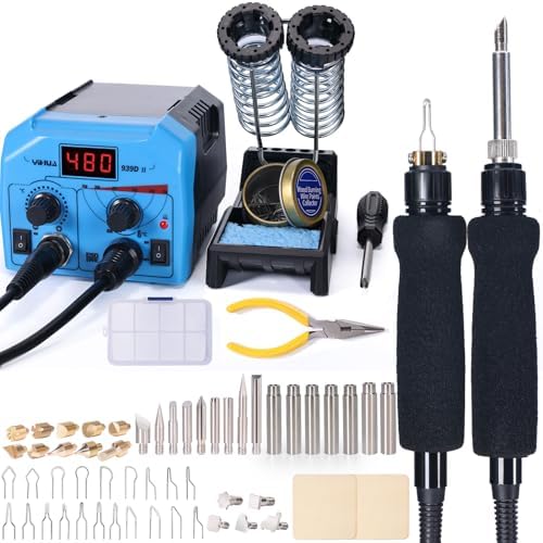 YIHUA 939D-II Pyrography Pen Wood Burning Kit Station (Blue) 2-in-1 Solid-Point 200~480°C (with Temp Display)/Wire-Nib 250~750°C Bundle with YIHUA Solid-Point Pen Tip Converter Set 5PCS by YIHUA