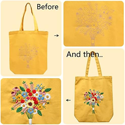 MAMUNU Canvas Tote Bag Embroidery Kit with Pattern for Beginners, Arts and DIY Crafts Kits for Adults, Include Instructions Embroidery Bag, Embroidery Hoops, Color Threads and Tool (Yellow) - Image 5