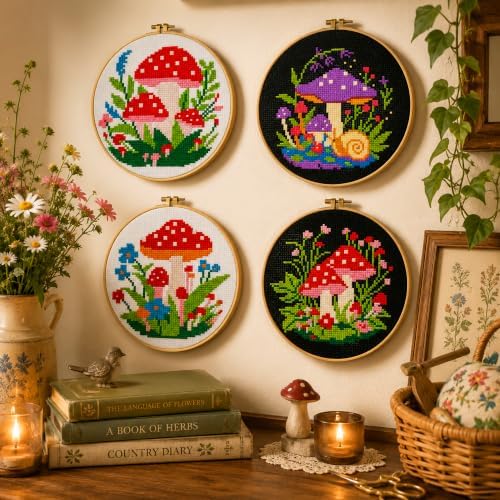 Zhenqing 4 Mushroom Cross Stitch Kit, 11CT Printed Fabric with Hoop - Image 2