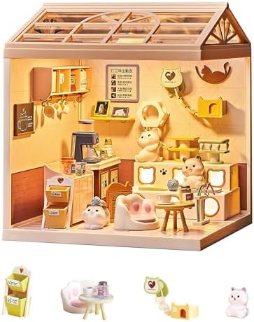 Kisoy DIY Miniature House Kit, Tiny House Building Kit with Furniture and LED Light for Teens and Beginners, DIY Mini House Craft Kit, Christmas Decorations/Gifts for Family and Friends (Cat Cafe) by Kisoy