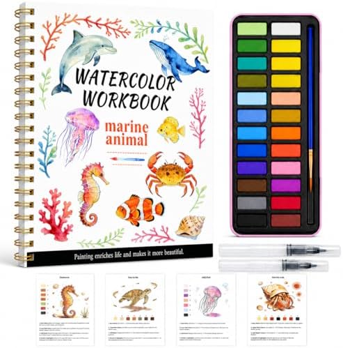 Watercolor Workbook - Water Coloring Book Set for Adults and Beginners, Water Colors Book 14 Ocean Animal 24 Color Watercolor Paint, 3 Brush Pens, 300g Watercolor Paper Gift for Art Lovers by Unknown