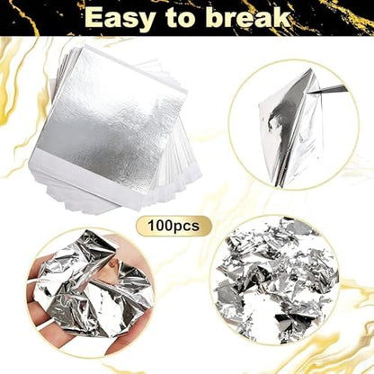 100 Pieces Silver Leaf Sheets, Complete Gilding Adhesive Kit for Leaf - Image 2