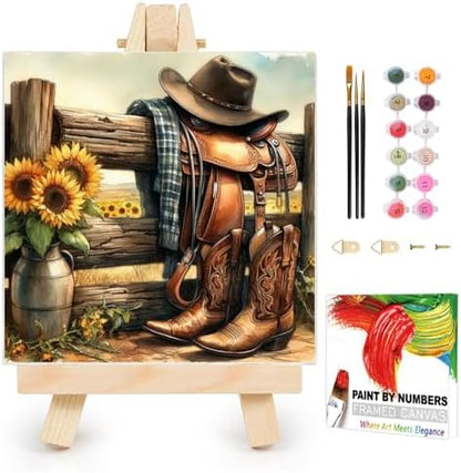 AUKELHJ Framed Paint by Numbers Kit for Adults, Boot;Sunflower, 10x10 inch by Unknown