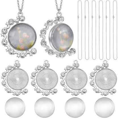 24Pcs 6 Sets Cabochon Necklace Kit Round Bezel Pendant Trays with Glass Cabochons Chain Double Sided Rhinestone Rotatable Charm for Jewelry Making Supplies DIY Necklace Birthday Gift Adults by SOFPLATE