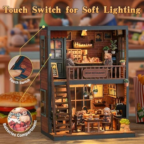 Book Nook Kit for Adults, DIY Miniature House Kits, Bear Restaurant 3D Wooden Dollhouse with Sensor LED Light, DIY Building House Bookend Model Craft, Home Bookshelf Decor Birthday Gift - Image 5