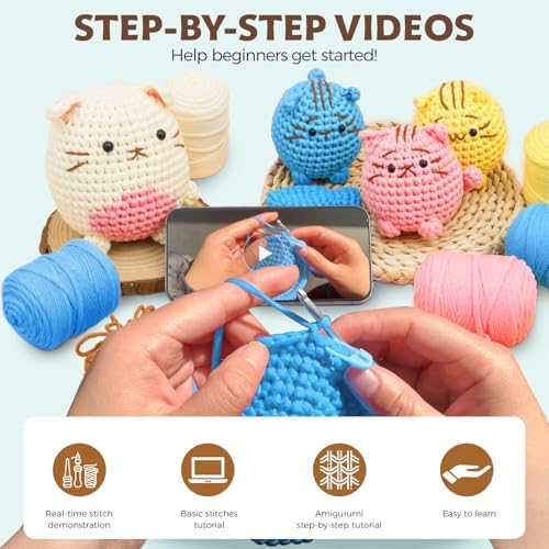Crochet Kit for Beginners - Learn to Crochet 4 Adorable Cat Amigurumi with Step-by-Step Video Tutorial and Easy Peasy Yarn, Complete Starter Kit for Adults Kids, DIY Craft Gift for Birthday Christmas - Image 3