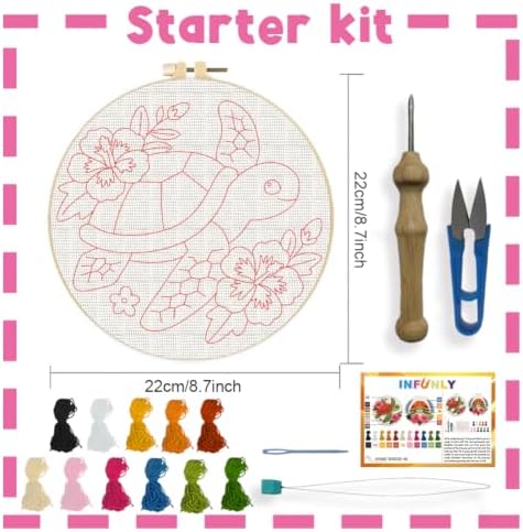 INFUNLY 2PCS Cute Turtle Punch Needle Kit for Beginners Pink Flower Punch Needle Embroidery Starter Kit 8.7×8.7Inch DIY Needlepoint Kits with Turtles Pattern Instruction for Festival Gift Home Decor - Image 2