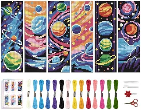 ACRNIGHEET 6PCS Stamped Cross Stitch Bookmark Kit for Beginners Planet by ACRNIGHEET