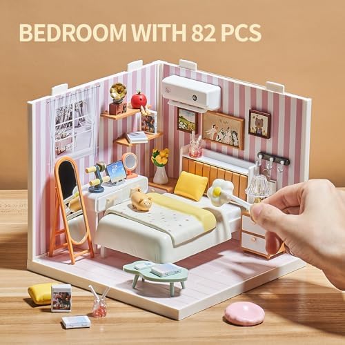 DIY Miniature Bedroom Kit, 82Pcs Cozy Dollhouse Room with LED Light - Image 4