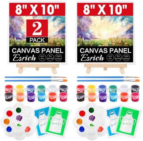 ESRICH 2 Pack 8x10 Canvas and Easel Set, Mini Acrylic Paint, Paint Brushes, Palettes, Aprons, Sip and Paint Kits for Adults Couples Friends Date Night Painting Party Supplies by ESRICH