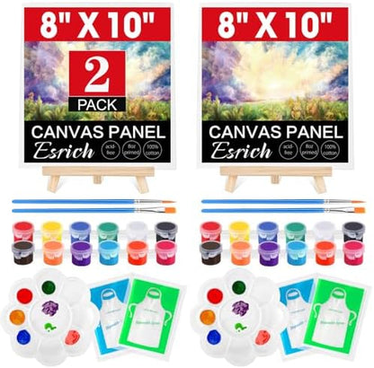 ESRICH 2 Pack 8x10 Canvas and Easel Set, Mini Acrylic Paint, Paint Brushes, Palettes, Aprons, Sip and Paint Kits for Adults Couples Friends Date Night Painting Party Supplies by ESRICH