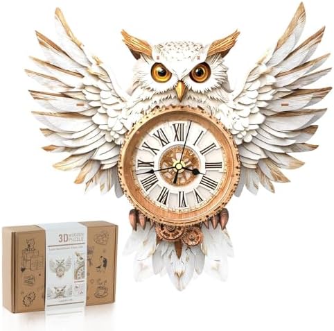 3D Wooden Puzzles for Adults Snowy Owl Design Clock Model Kit with Pendulum by RnfinewowWoodenPuzzles