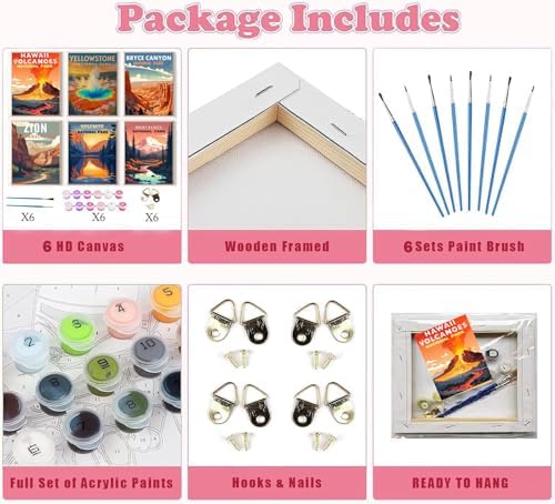 MXCFZX 6 Pack Framed Paint by Numbers Kit for Adults Beginner, Easy National Park Adult Paint by Number Kits on Canvas, National Park Landscape Oil Painting by Numbers for Home Decor Gift (8x12inch) - Image 4