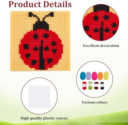 FREEBLOSS 10 Set Plastic Canvas Cross Stitch Kits with 11 Colors Yarn Insect Theme Plastic Canvas Kit with Instruction of 10 Different Patterns Mesh Sheet Coasters for Beginners - Image 2