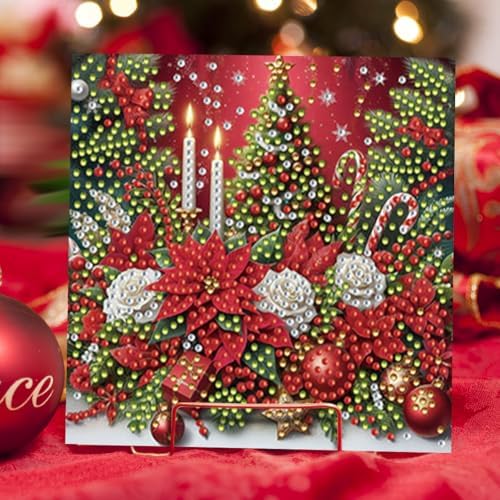 jinglinhh 6pcs Diamond Art Painting Christmas Tree Poinsettia Atmosphere Greeting Cards with Envelopes, DIY Card Making Kits for Adults, Diamond Art Postcards Christmas Cards Craft Gifts - Image 5