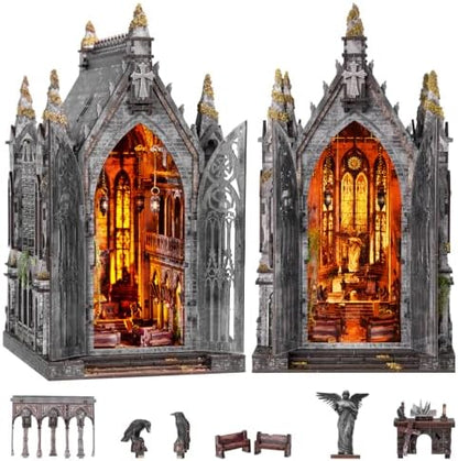 fifijoy Book Nook Kit - Abandoned Gothic Church DIY Miniature Dollhouse for Adults and Teens, Booknook Tiny House Bookshelf Decor 3D Wooden Puzzle with LED Lights, Creative Gifts for Family, Friends by fifijoy