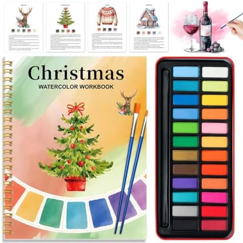 Watercolor Workbook - Coloring Book Beginner Friendly Painting Kit, Watercolor Workbooks for Adults with 24 Colors Paint, Exploration Gift for Adults Teens (Christmas) by Cbcmpica